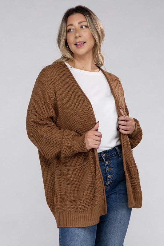 Plus Size Oversized Waffle Open Cardigan Sweater