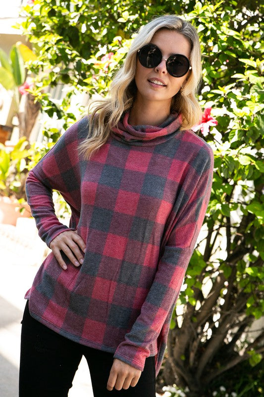 Women's Plus Plaid Turtle Neck Boxy Top