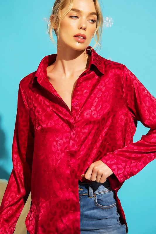 Women's Satin Leopard Print Button Down Top