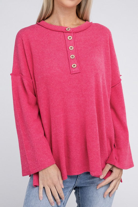 Women's Casual Ribbed Henley Sweater with Bell Sleeves