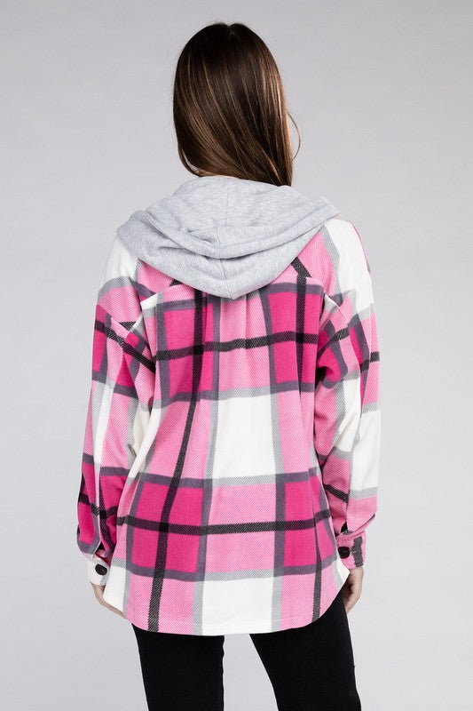 Women's Casual Hooded Plaid Fleece Shacket