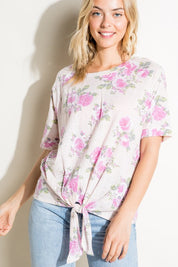 Women's Casual Floral Print Triblend Top with Front Tie