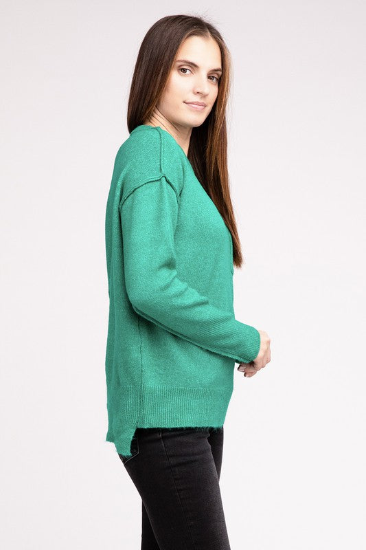 Women's Casual Melange Hi-Low Hem Round Neck Sweater