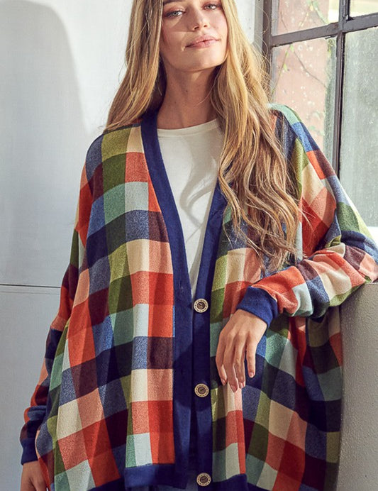 Women's Oversized Plaid Buttondown Cardigan