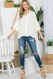 Women's Casual Solid Button Down Babydoll Blouse