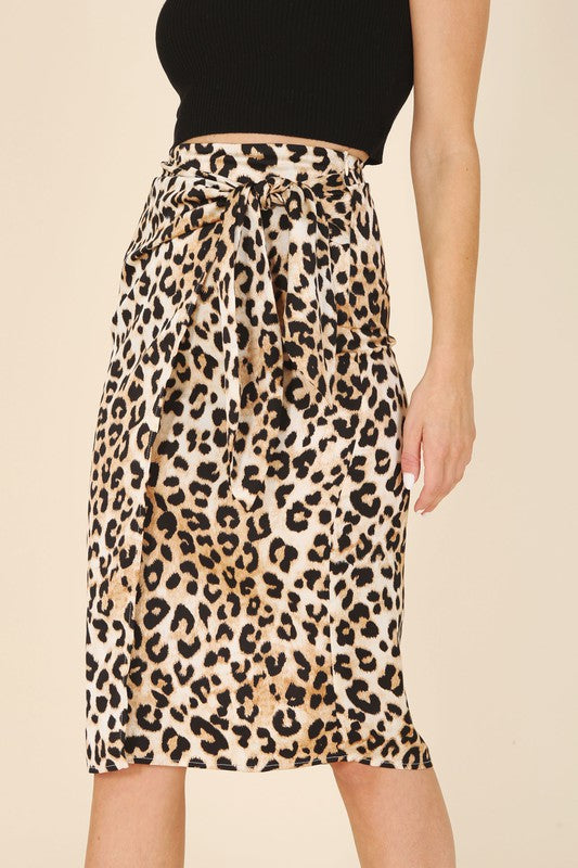 Satin leopard tie skirt