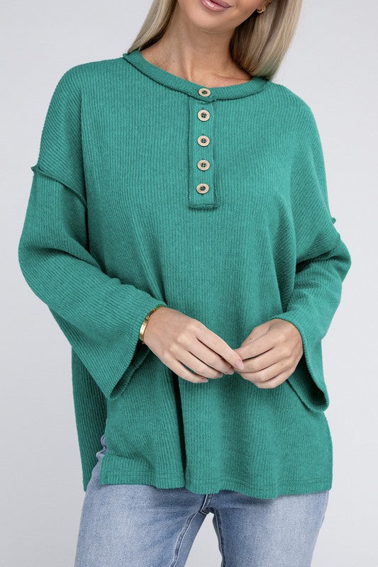 Women's Casual Ribbed Henley Sweater with Bell Sleeves