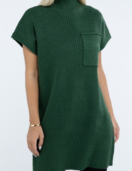 Mock Neck Short Sleeve Sweater Dress with Pocket