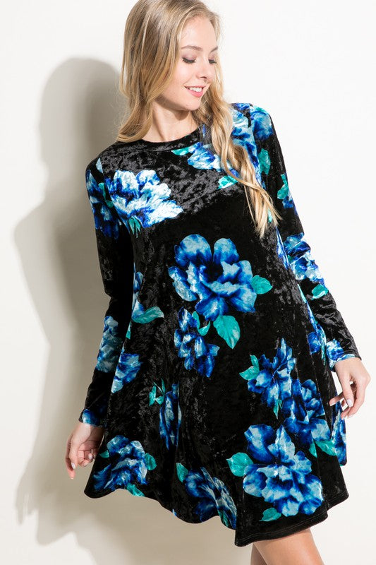 Women's Loose Fit Floral Print Velvet Swing Mini Dress