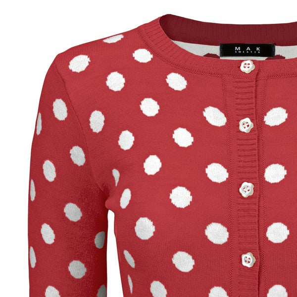 Women's Polka Dot Jacquard 3/4 Sleeve Cardigan Sweater