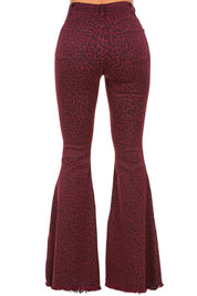 Women's Burgundy Leopard Print Bell Bottom Jeans