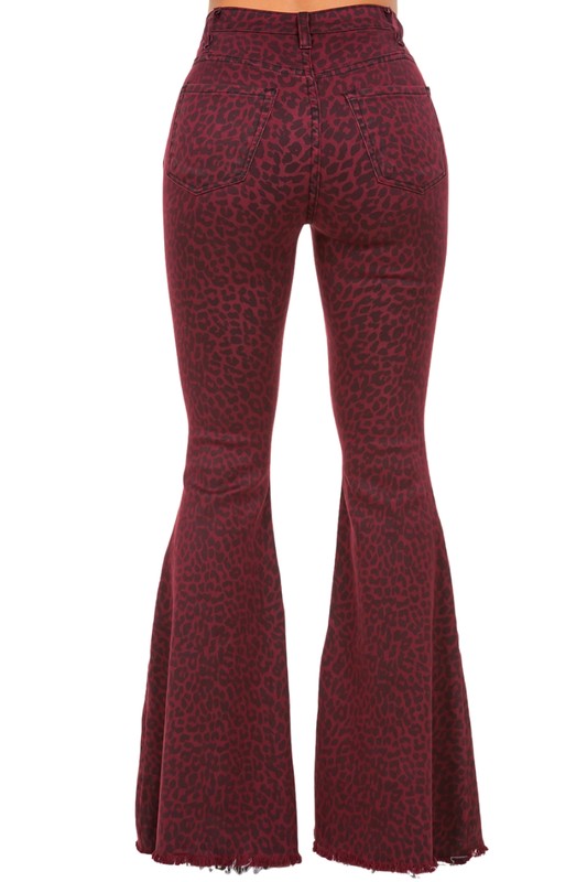 Women's Burgundy Leopard Print Bell Bottom Jeans