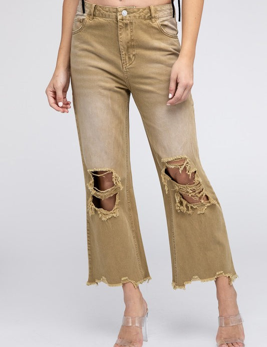 Distressed Vintage Washed Wide Leg Pants