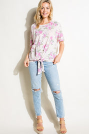 Women's Casual Floral Print Triblend Top with Front Tie