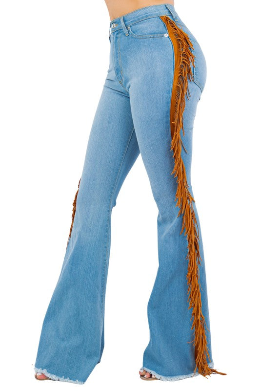 Women's High Rise Fringe Bell Bottom Jeans in Light Blue