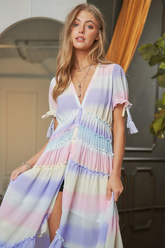 Women's Ombre Striped V-Neck Maxi Dress with Puff Sleeves