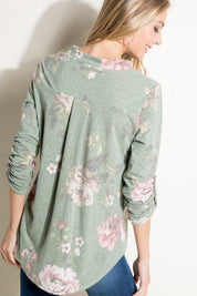 Women's Casual Floral Split Neck Long Sleeve Top