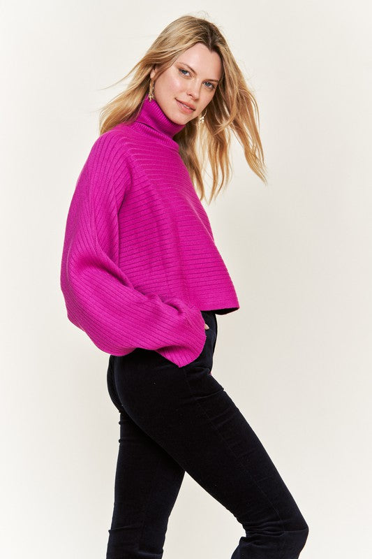 Women's Mock Neck Ribbed Sweater with Wide Sleeves