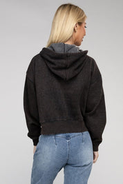 Women's Relaxed Fit Acid Wash Fleece Cropped Zip-Up Hoodie