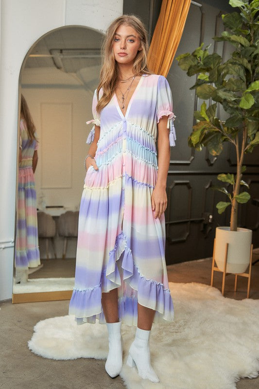 Women's Ombre Striped V-Neck Maxi Dress with Puff Sleeves