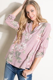 Women's Casual Floral Split Neck Long Sleeve Top