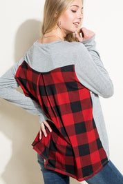 Women's Loose Fit Solid and Plaid Long Sleeve Top