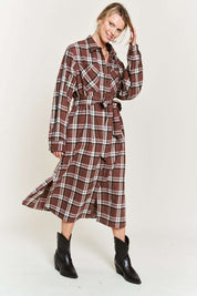 Women's Belted Plaid Print Long Shirt Dress