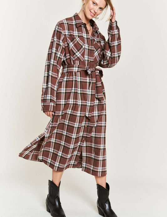 Women's Belted Plaid Print Long Shirt Dress