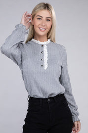 Women's Long Sleeve Lace Ruffle Trim Knit Blouse