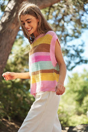 Women's Casual Crochet Multi Striped Sweater Vest