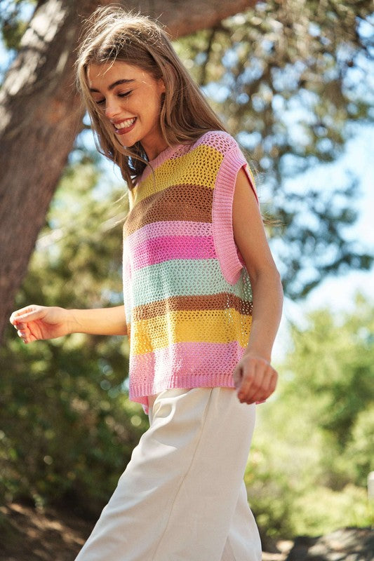 Women's Casual Crochet Multi Striped Sweater Vest