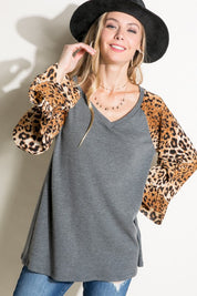 Plus Size Casual V-Neck Cheetah Mixed Blouse Top