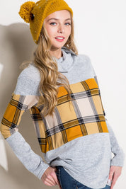 Women's Casual Loose Fit Plaid Mixed Turtle Neck Top