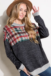 Plus Size Women's Casual Plaid Mock Neck Long Sleeve Top