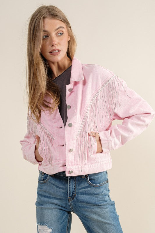 Women's Loose Fit Crop Denim Jacket with Rhinestone Fringe