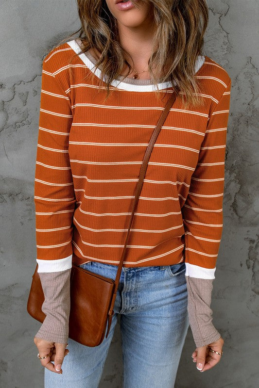 Women's Striped Rib Knit Pullover with Color Block Cuffs