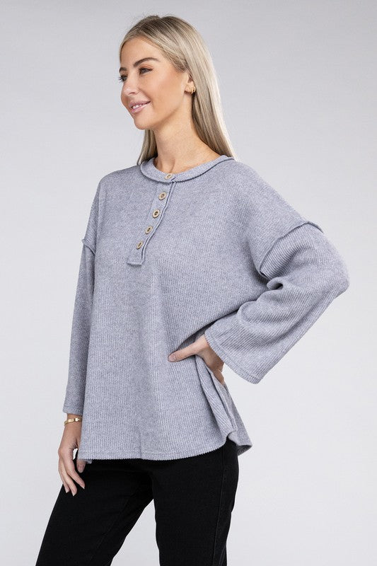 Women's Casual Ribbed Henley Sweater with Bell Sleeves