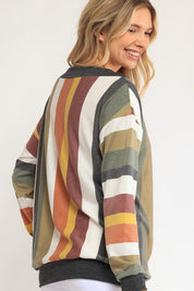 Women's Loose Fit Wide V Neck Stripe Sweatshirt