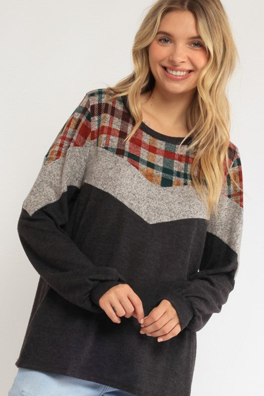 Women's Loose Fit Plaid Color Block Top