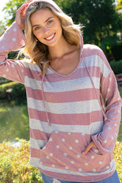 Women's Boxy Fit Polka Dot Stripe Mix Hoodie Sweatshirt