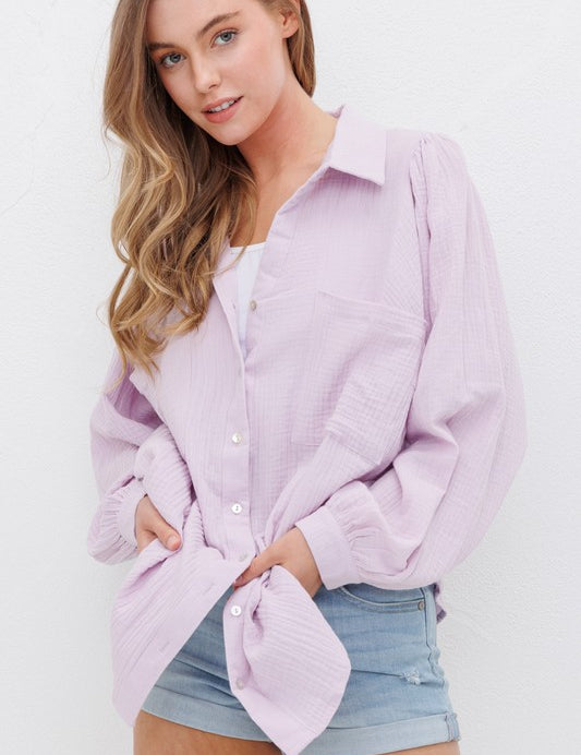 Women's Textured Gauze Button Down Blouse Top