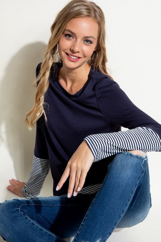 Plus Size Casual Pin Stripe Mixed Long Sleeve Top