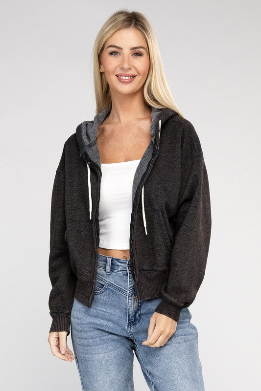 Women's Relaxed Fit Acid Wash Fleece Cropped Zip-Up Hoodie