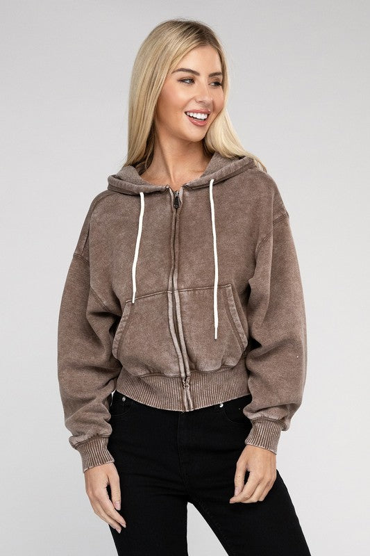 Women's Relaxed Fit Acid Wash Fleece Cropped Zip-Up Hoodie