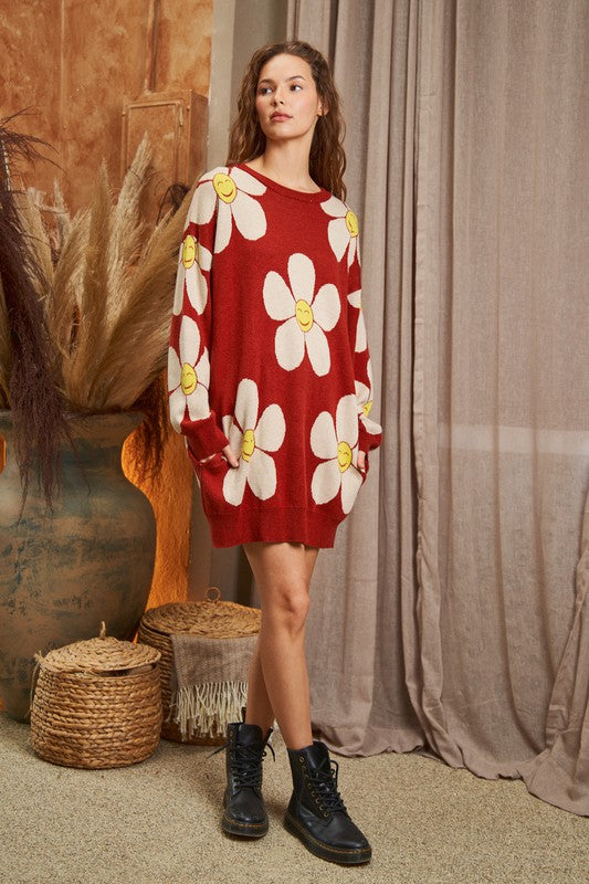 Women's Happy Face Floral Print Knit Sweater Dress