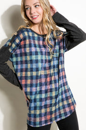 Women's Loose Fit Plaid Mixed Long Sleeve Top