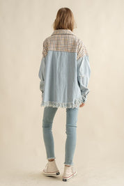 Women's Oversized Tweed Denim Shacket with Fringed Hem