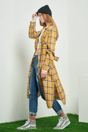 Women's Belted Plaid Print Long Shirt Dress