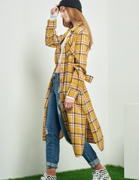 Women's Belted Plaid Print Long Shirt Dress