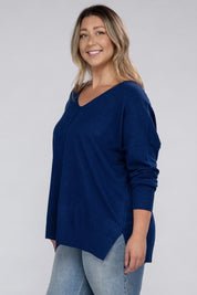 Women's Plus Oversized V-Neck Garment Dyed Sweater